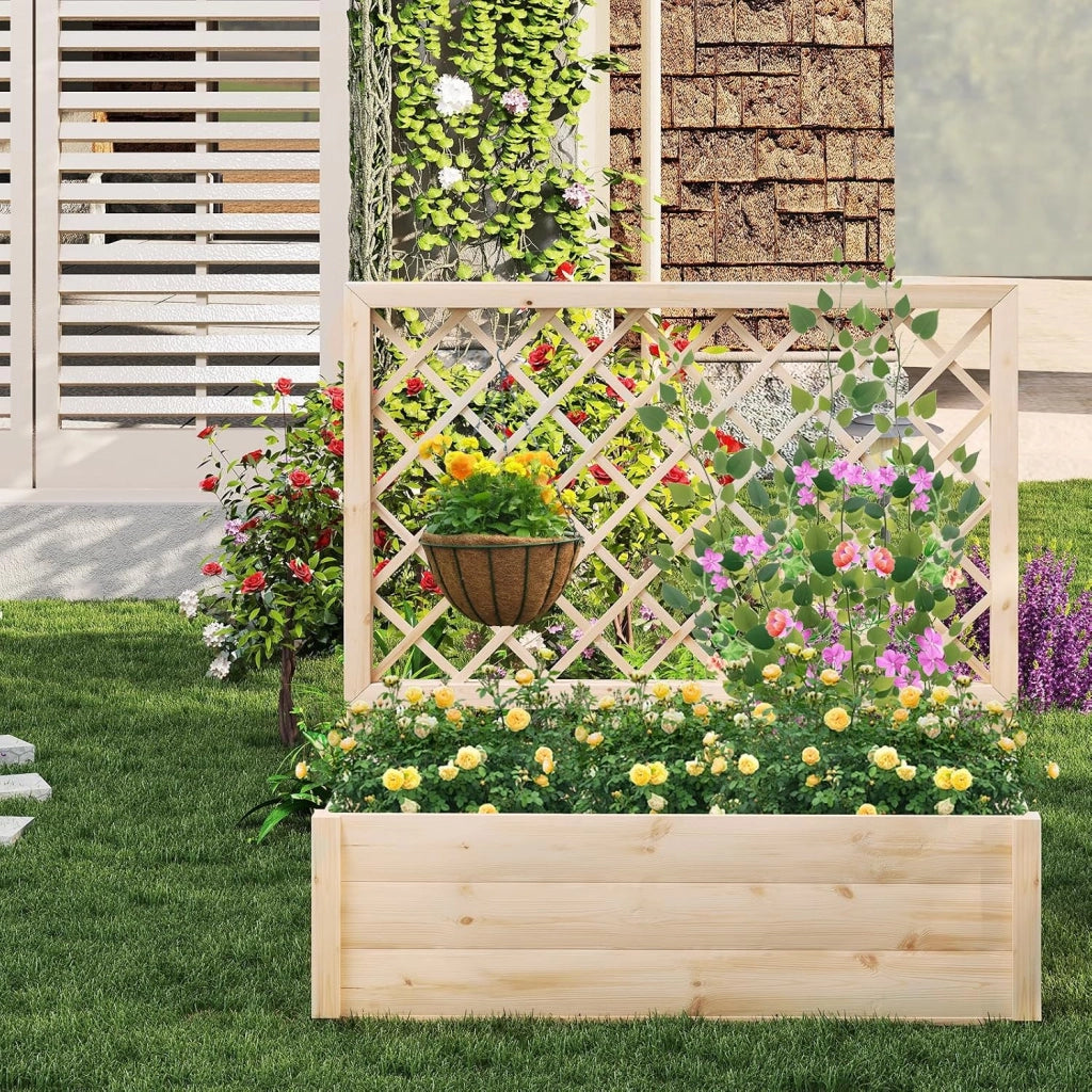 Fioriera con Traliccio, Letto da Giardino Rialzato con Grigliato e Fori di Drenaggio, Aiuola Elevata in Legno per Piante Rampicanti da Interno ed Esterno (98 x 35 x 101 cm)