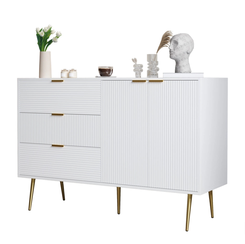 Credenza 120x38x80.5 cm con 3 cassetti e 2 ante; MDF bianco e oro