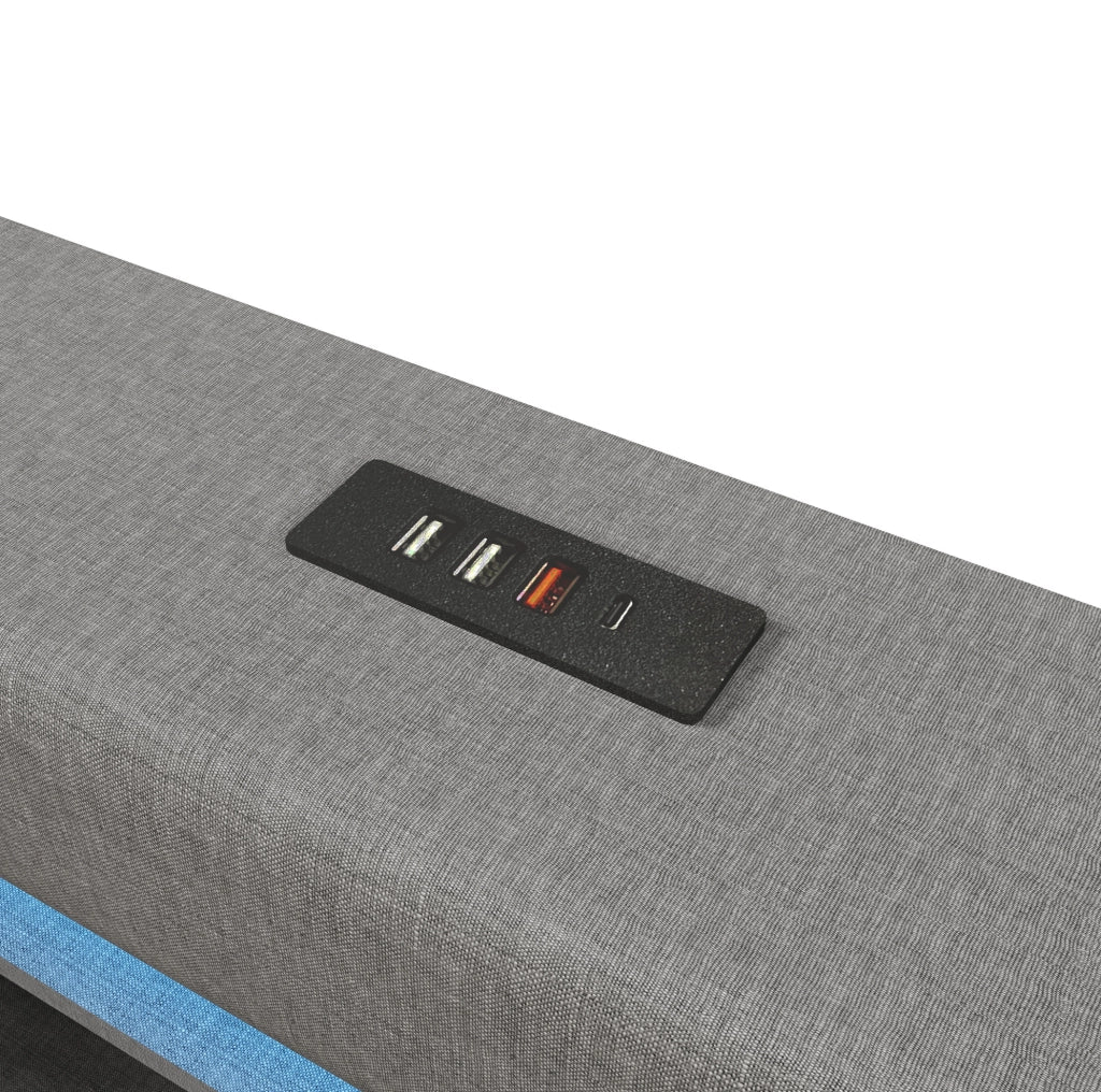 Letto matrimoniale contenitore 140x200 cm in lino grigio con LED; USB e USB-C