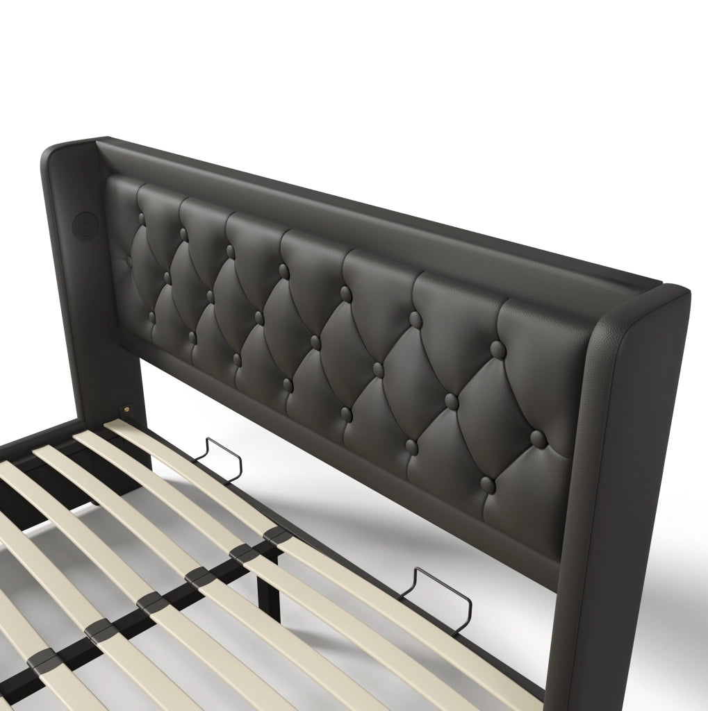 Letto 160x200 cm con contenitore idraulico, LED, USB e USB-C in PU nero