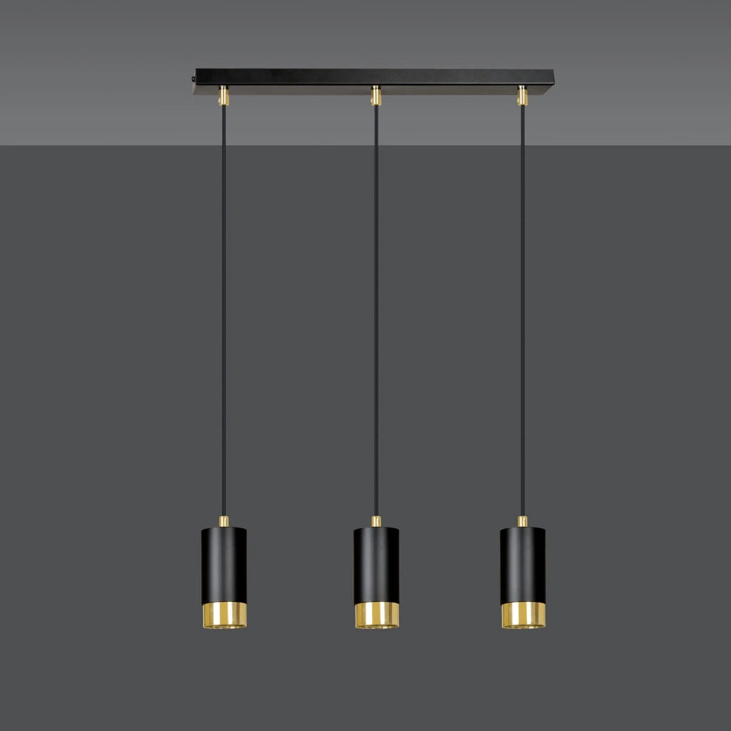 Lampadario 3 Luci Ivar Con Cilindri In Acciaio Nero E Oro