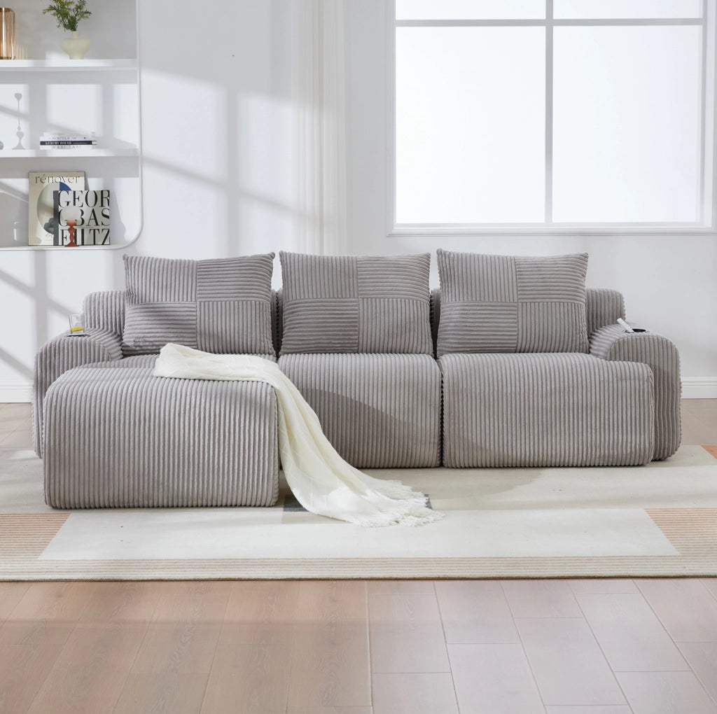Divano modulare 3 posti ULEVR 268x174x80 cm con portabicchieri e tasca laterale, velluto a coste grigio chiaro