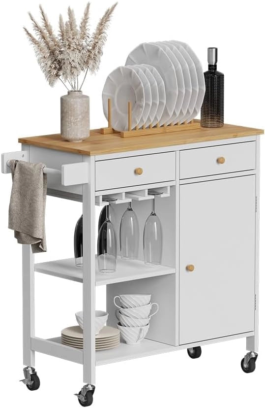Carrello da cucina Trayz, Bianco, 89 x 87 cm con rotelle, con ripiano per bottiglie e portabicchieri per un utilizzo flessibile