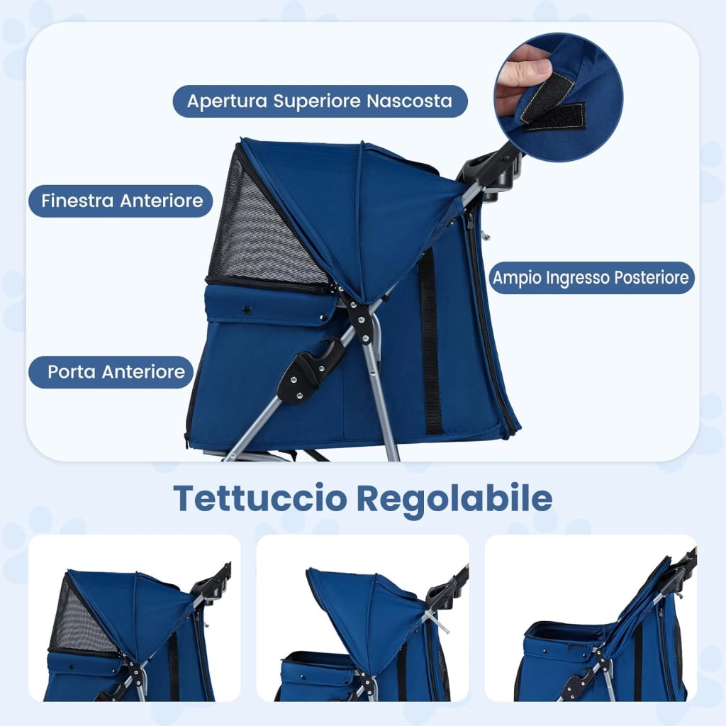 2 in 1 Passeggino per Cani, Carrozzina per Cani Pieghevole Facile con Portata Massima di 15 kg, 4 Ruote, Tetto Regolabile, Cuscino Rimovibile e Cestino Portaoggetti (Blu)