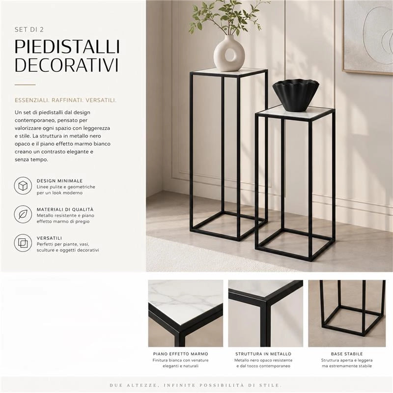 2 COLONNINE IN METALLO MISURE 23X60CM E 27X70CM CON TOP IN MDF SIMIL MARMO