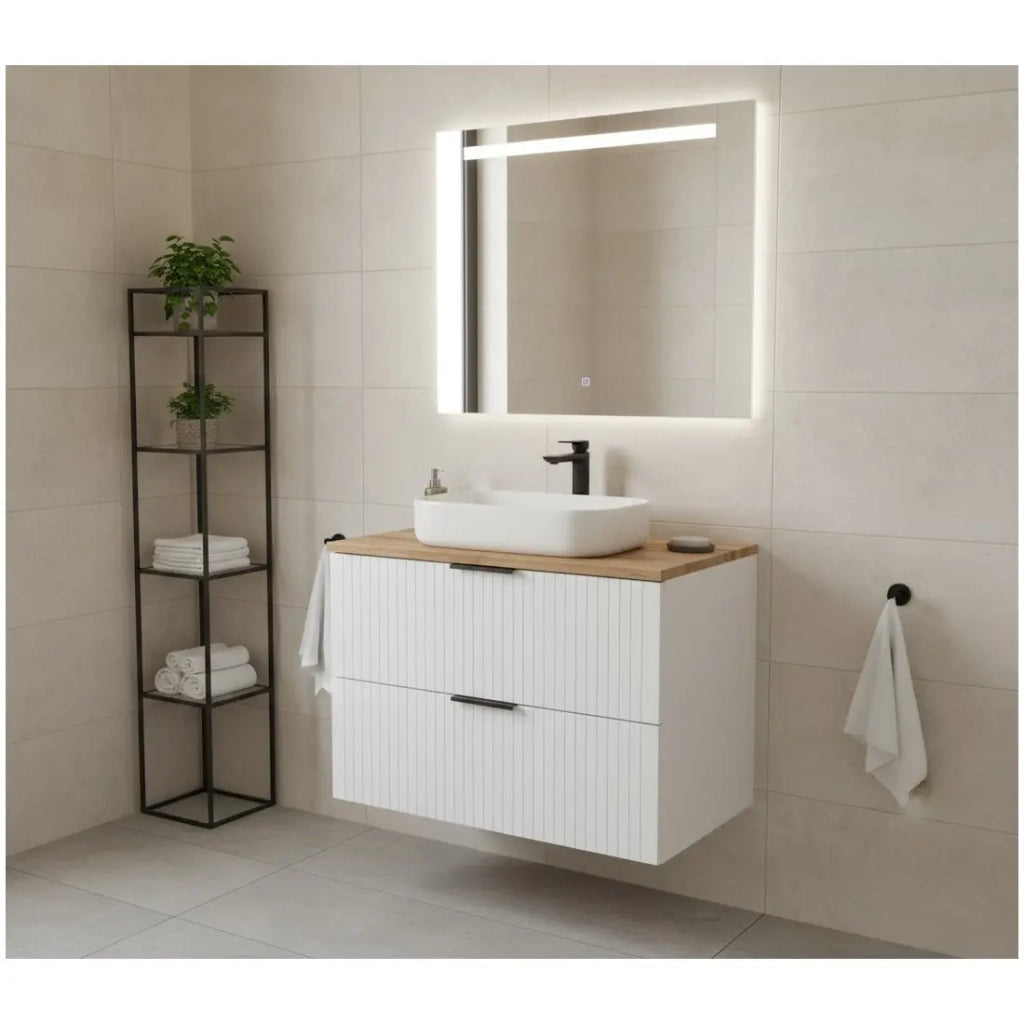 Set da bagno NOXERA 80 cm - Mobile sottolavabo sospeso bianco opaco e piano per lavabo in rovere wotan