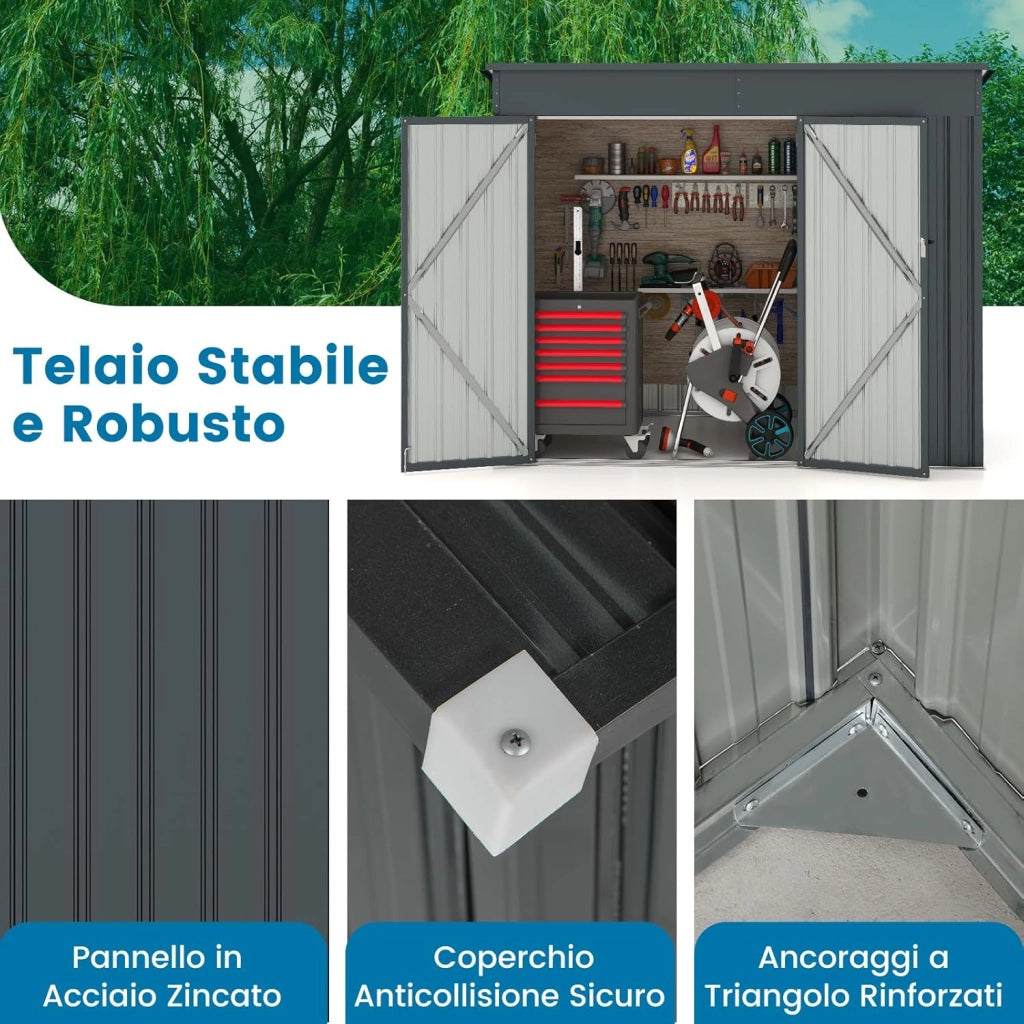 Capanni da Esterno, Casetta Porta Attrezzi da Giardino con 2 Porte, Design a Tetto Inclinato e Struttura in Metallo Galvanizzato, Armadietto per Attrezzi da Giardino