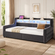 Divano letto imbottito 90x200 cm con contenitore; LED; mensola; presa USB e Type-C; velluto grigio