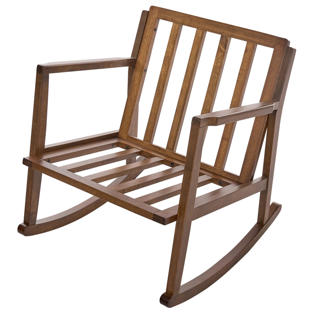 Poltrona a dondolo con rivestimento in poliestere struttura in legno di gomma marrone stile scandinavo tessuto beige chiaro