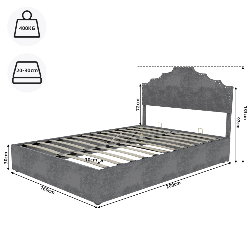 Letto Contenitore Matrimoniale 160x200 cm; con Testiera Geometrica in Tessuto; Grigio