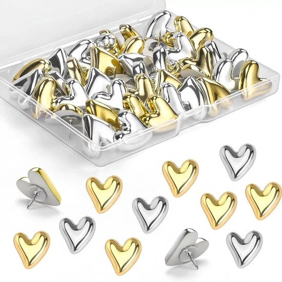 Punaises a forma di cuore -30 - Ideali per fissare poster, foto, cartoline, ecc. su schedari, pareti e uffici - 15 argento / 15 oro
