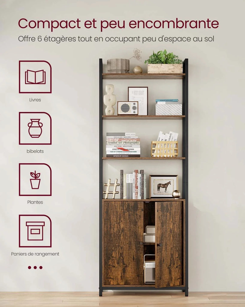 Libreria verticale a 6 ripiani con anta struttura in metallo ripiani regolabili 24 x 60 x 159,5 cm per soggiorno/camera da letto marrone 12_0004285