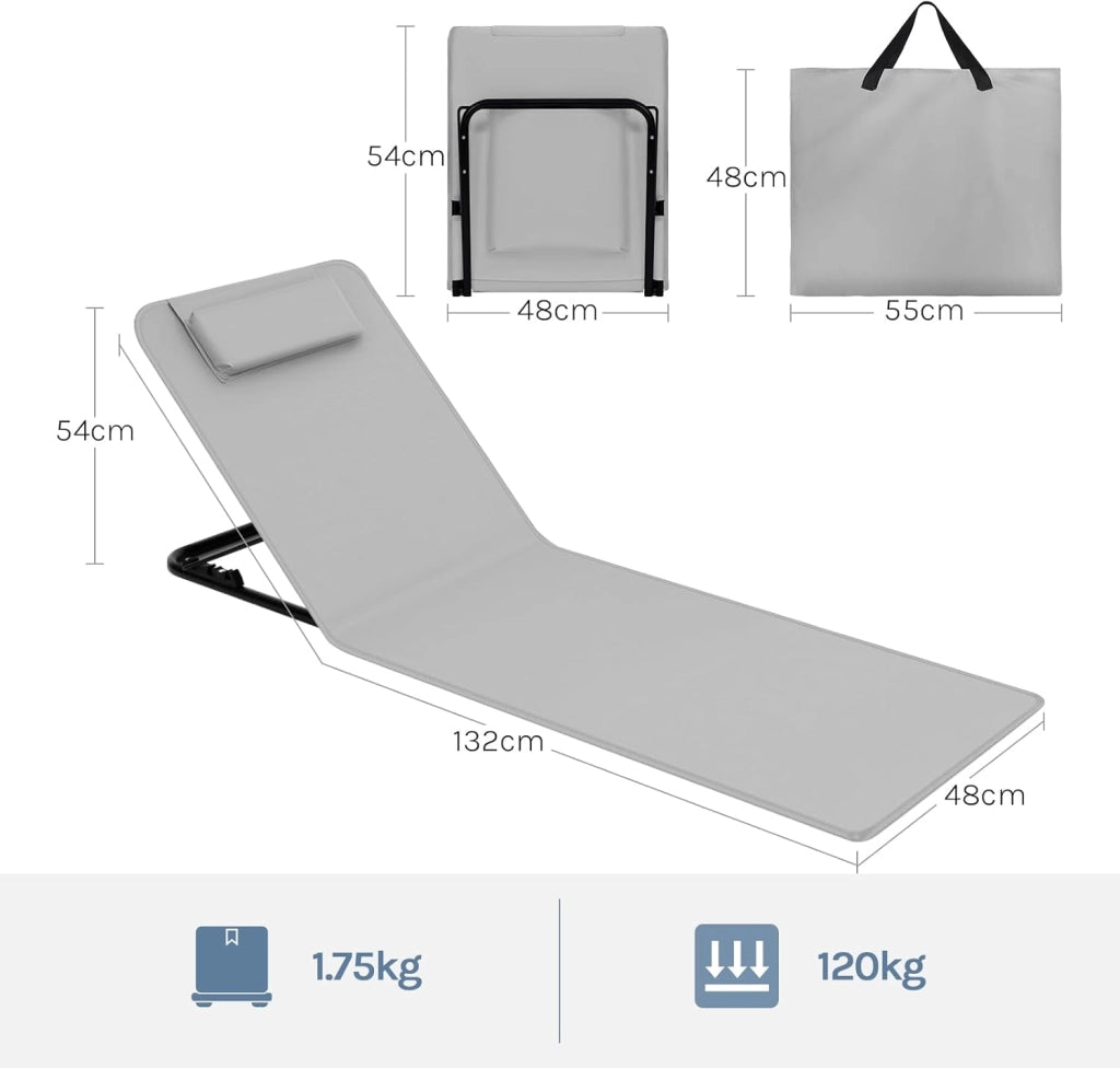 Set di 2 Lettino da Spiaggia, Lettino Prendisole, Lettino Pieghevole, Schienale Regolabile in 3 Angolazioni, con Poggiatesta, Sdraio da Spiaggia, in Oxford e Metallo,Grigio Chiaro