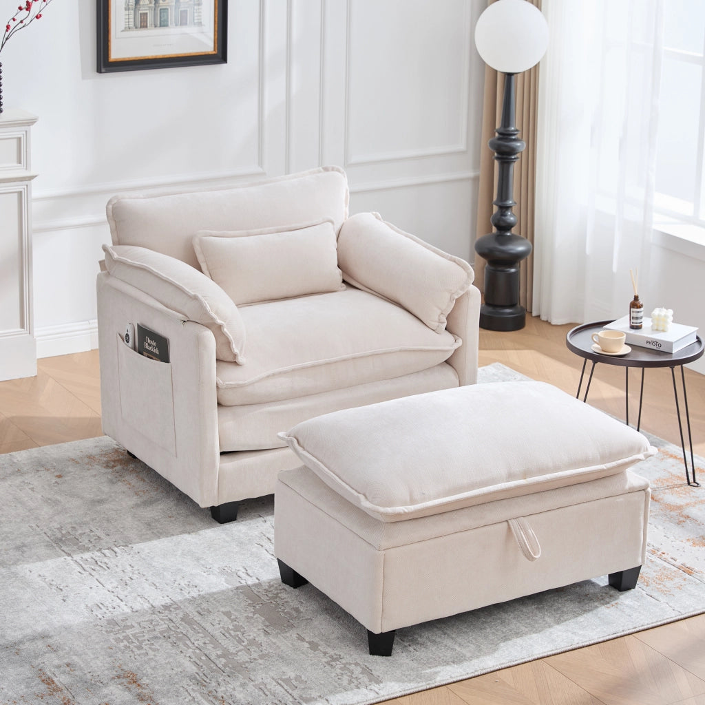 OKWISH Poltrona con Poggiapiedi, Seduta Ampia con Vano Contenitore e Tasca Laterale, Schienale Imbottito, Ciniglia Beige