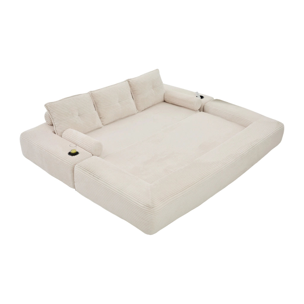 Divano letto modulare 3 posti con portabicchieri, tasche laterali e cuscini viscoelastici in velluto a coste beige