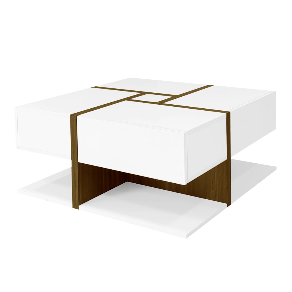 Tavolino da Caffè Quadrato con 4 Cassetti e Ripiano; Motivo a Linee; Finitura Lucida; in Pannello Truciolare; Bianco; 78×78×34;8 cm