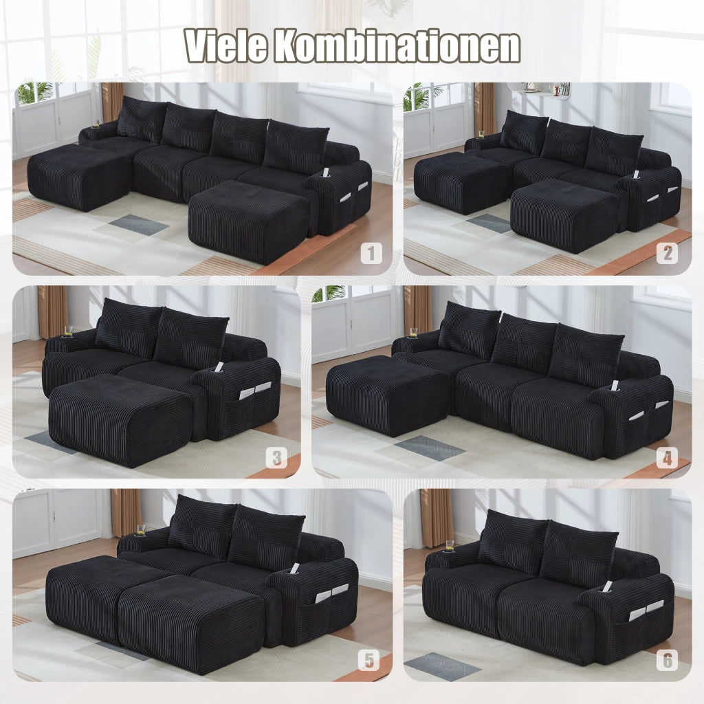 DIVANO Modulare 2 posti 200x99x80 cm in velluto a coste Nero