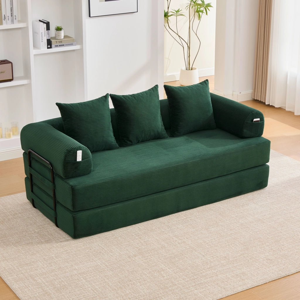 Divano modulare con tasca laterale e 3 cuscini - in corduroy e metallo - verde smeraldo