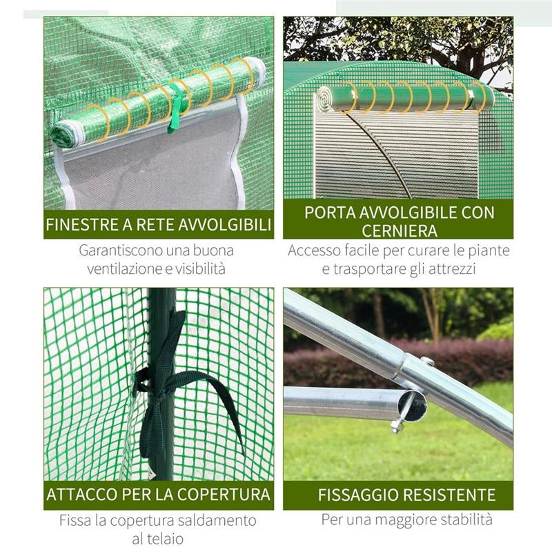 SERRA A TUNNEL DA ESTERNO CON COPERTURA IN PE PORTA CON CERNIERA E 4 FINESTRE VERDE