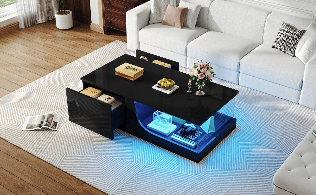 Tavolino da salotto nero lucido con LED e 2 cassetti 100x50x30 cm