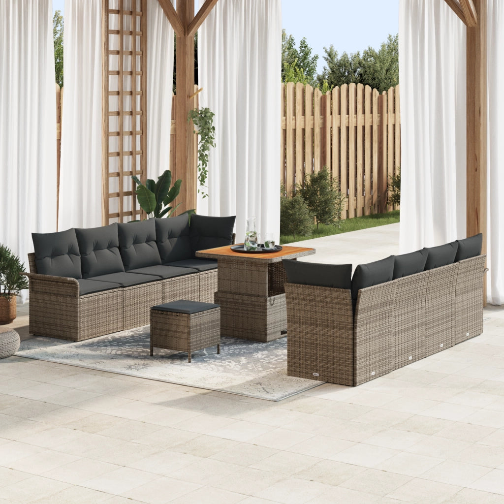 Set divano da giardino 11 pezzi con cuscini grigio polyrattan