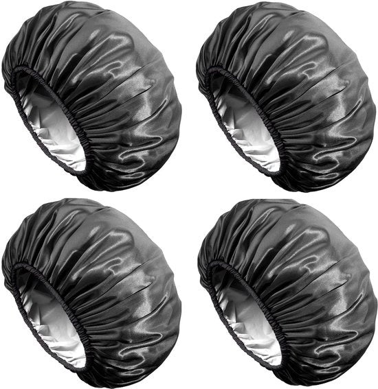 Douchekapje extra grande, douchekapje per uomo, douchekapje a doppia lastra impermeabile e riciclabile in EVA satinata, adatto per donne con capelli lunghi (nero completamente, set da 4 pezzi)