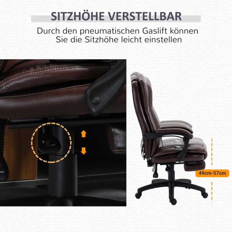 Sedia da ufficio con massaggio, poggiapiedi e schienale reclinabile in similpelle marrone 68,5 × 68,5 × 113-121 cm