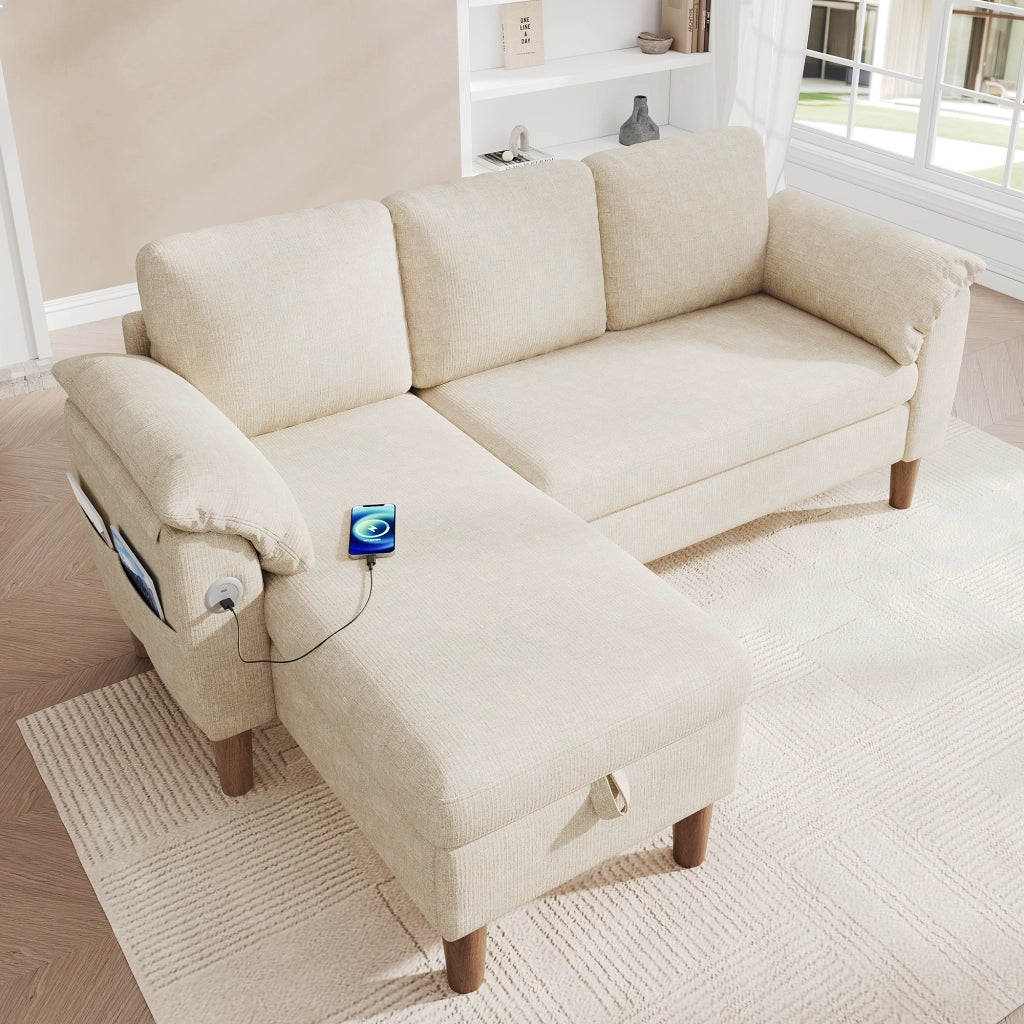 Divano angolare 3 posti con chaise longue contenitore e USB in chenille beige