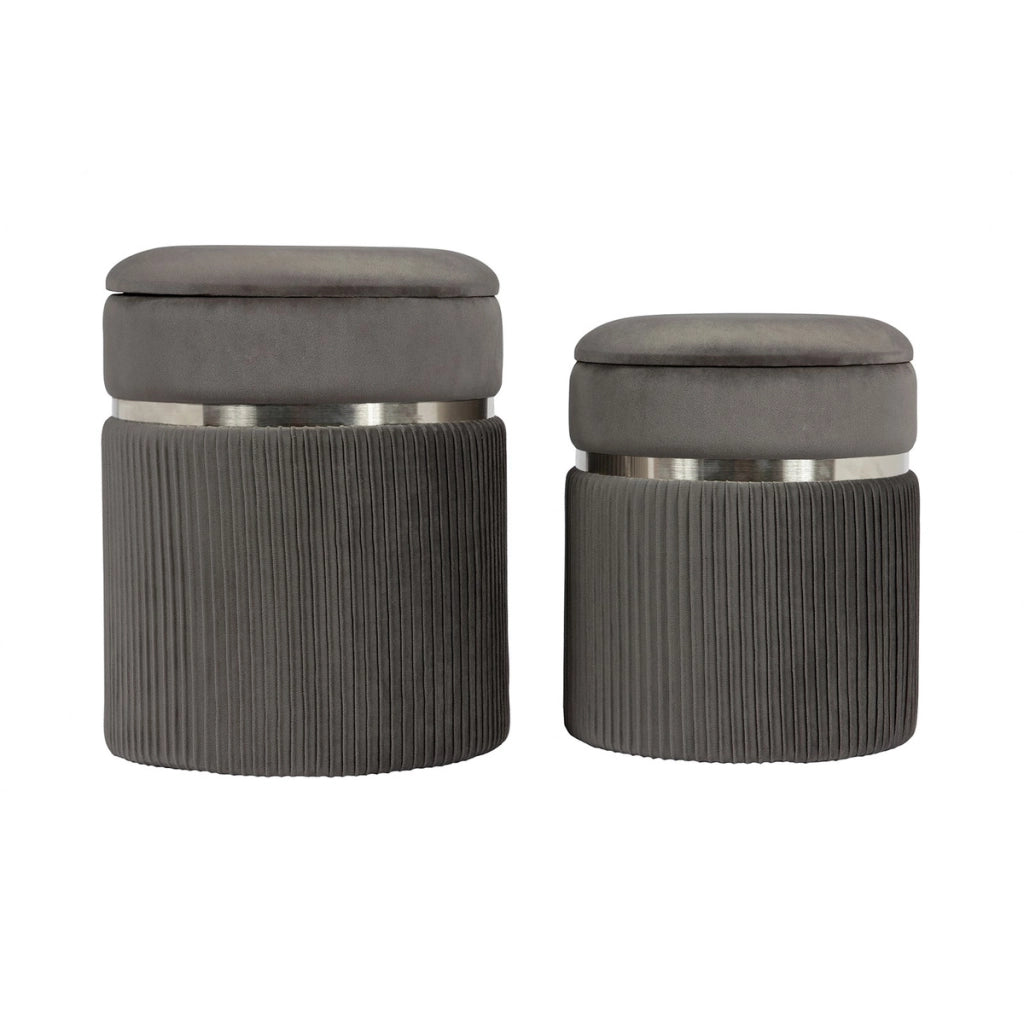 Set 2 Pouf Contenitori Zora in Velluto Grigio e Argento