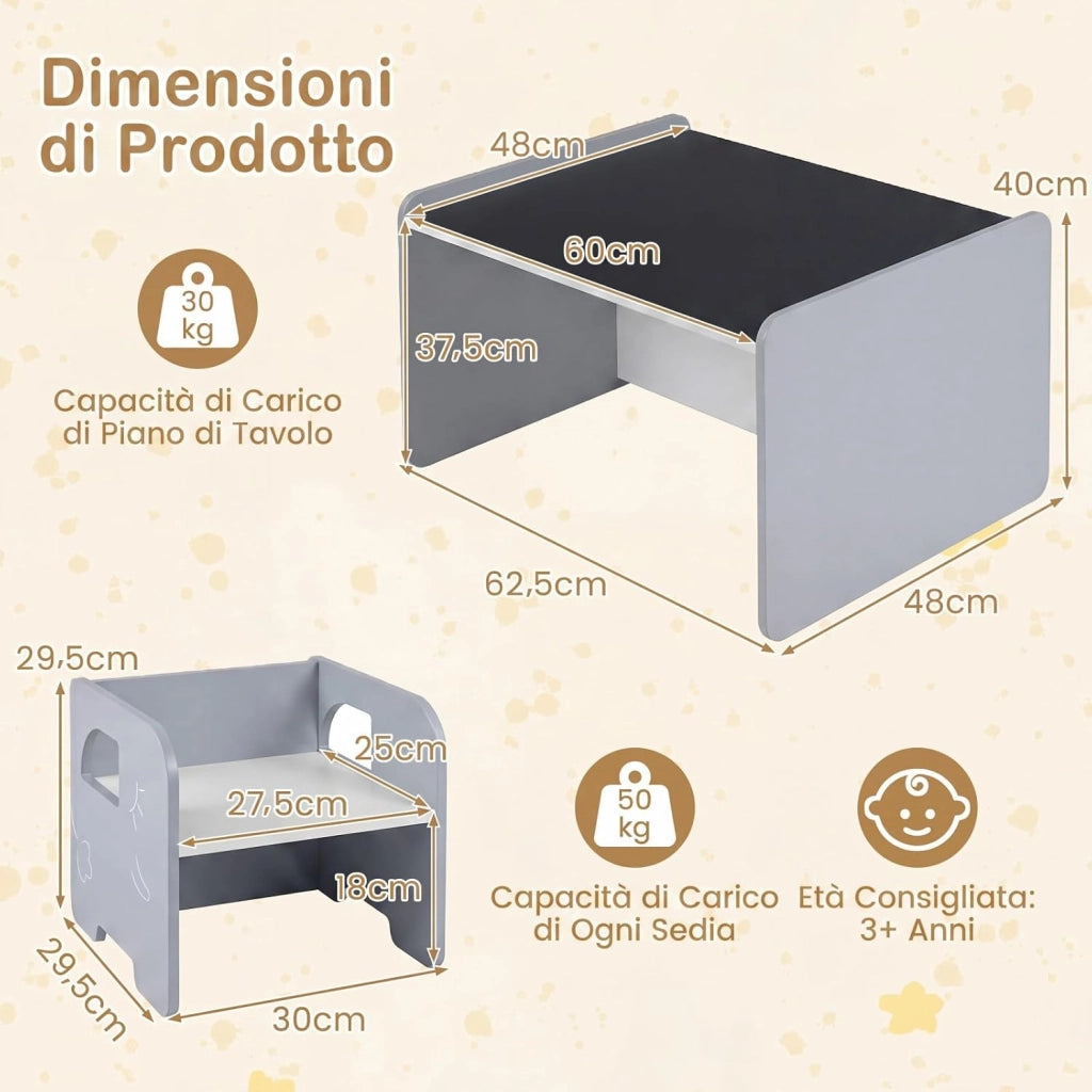 Set Tavolo e 2 Sedie per Bambini, Tavolo e Sedie Salvaspazio per Bambini 3+ Anni con Lavagna per Disegnare e Piedini Antiscivolo, per Camerette, Soggiorno e Studio (Grigio)