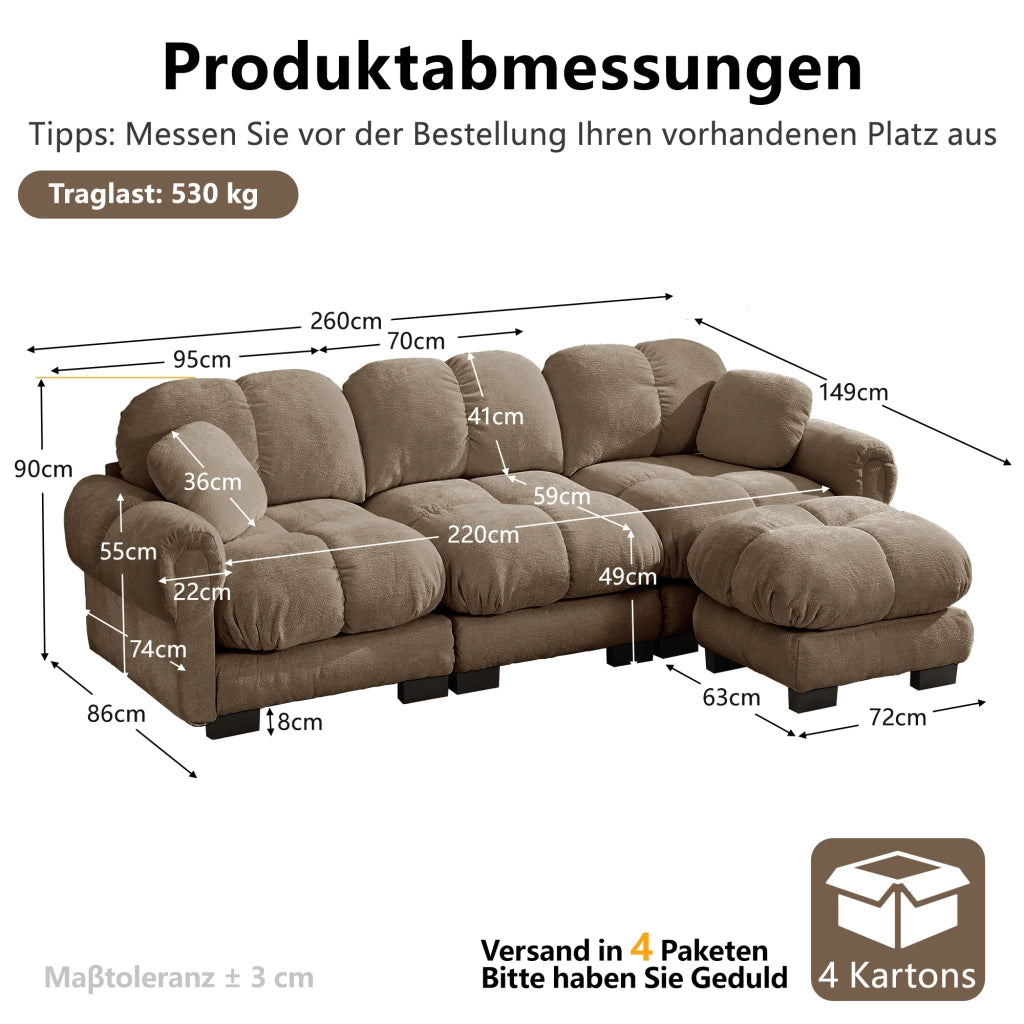 Divano angolare a 3 posti in ciniglia con cuscini trapuntati e pouf mobile marrone 260 × 149 × 90 cm