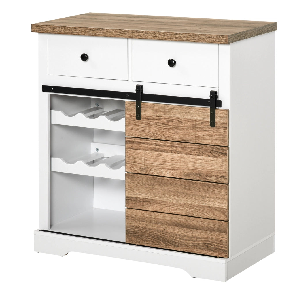 Mobile da Cucina Rustico con 2 Cassetti, Ripiani Aperti e Portabottiglie, in Legno e Metallo, 80x39x86 cm