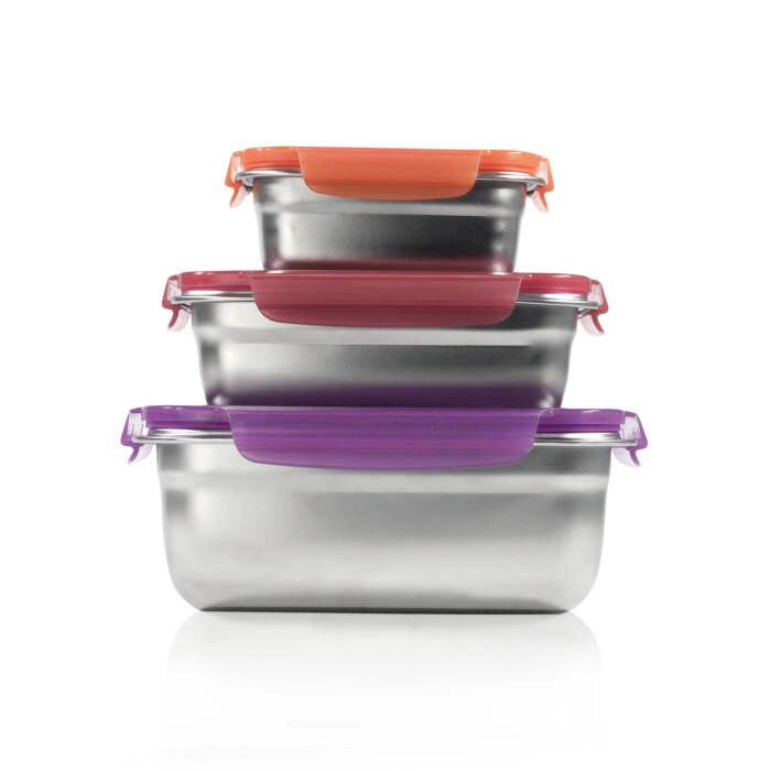 Set contenitori alimentari acciaio inox microonde, 3 pezzi ermetici impilabili, coperchi colorati cucina - SOGO