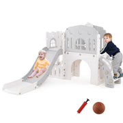 Scivolo per bambini 9 in 1 con canestro da basket e spazio di archiviazione-Scivolo da interno per bambini 1+ anni Bianco e grigio