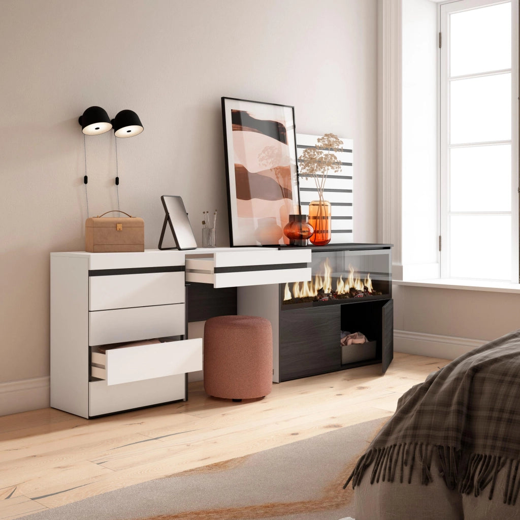 Tavolo da toeletta, 234x35x145cm, Con cassetto, Camino elettrico XXL, Cassettiera, Pannelli Decorativi, Bianco RF3460