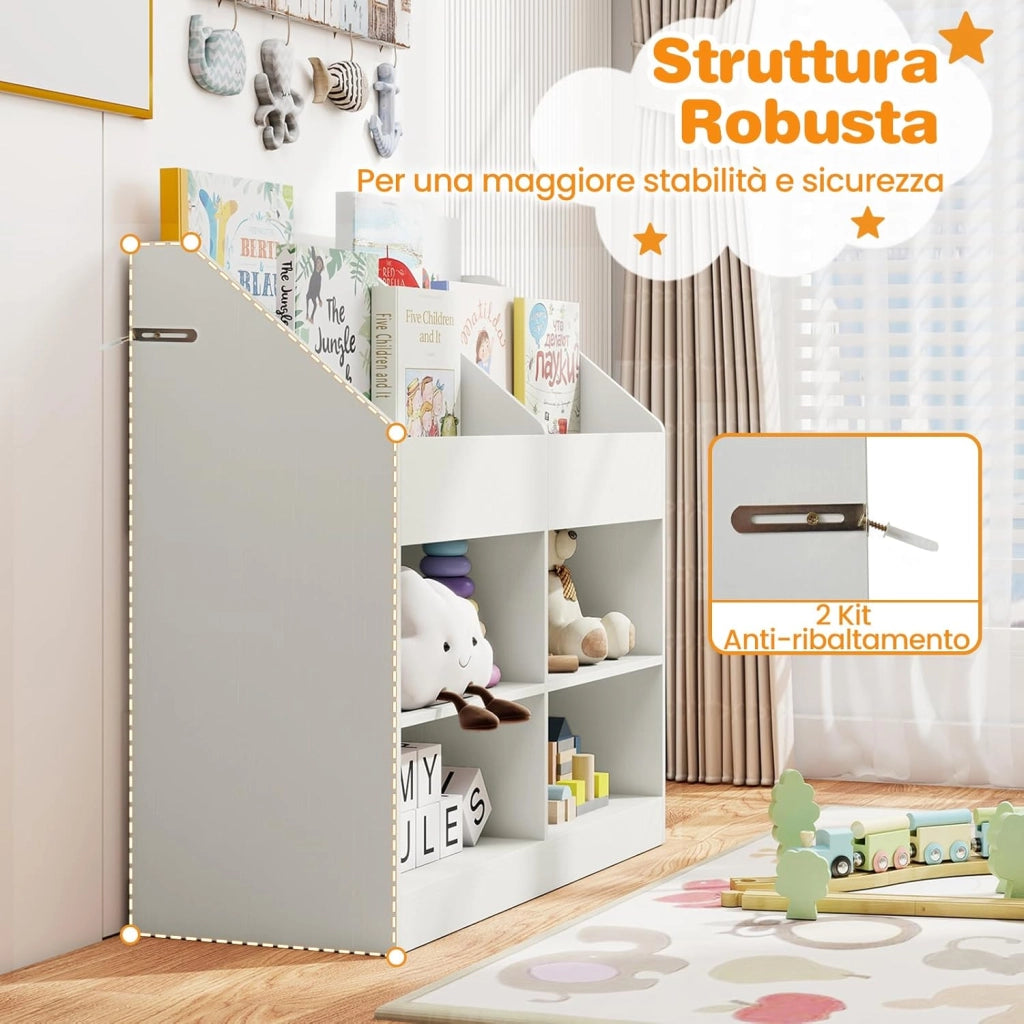 Libreria Montessoriana Porta Libri per Bambini, Scaffale Multifunzione con 4 Cubi e 4 Scomparti, Anti-ribaltamento, Salvaspazio per Cameretta e Stanza dei Giochi, 90x34x80 cm (Bianco)