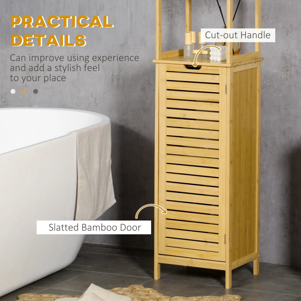 Mobiletto da bagno in bambù 34x30x173 cm con 3 ripiani aperti e 1 anta, stabile e salvaspazio