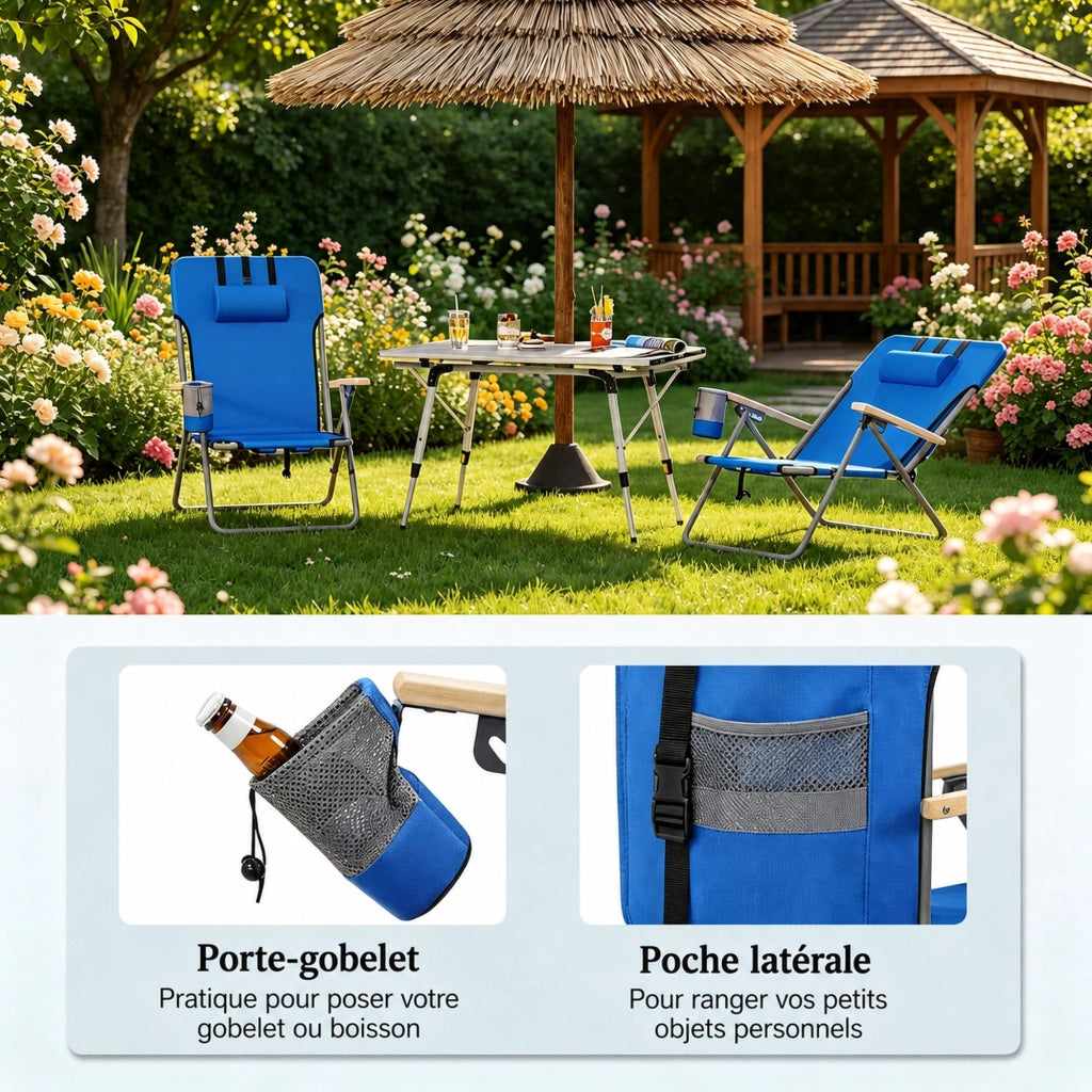 Sedia pieghevole da esterno blu con schienale reclinabile in 4 posizioni e design zaino