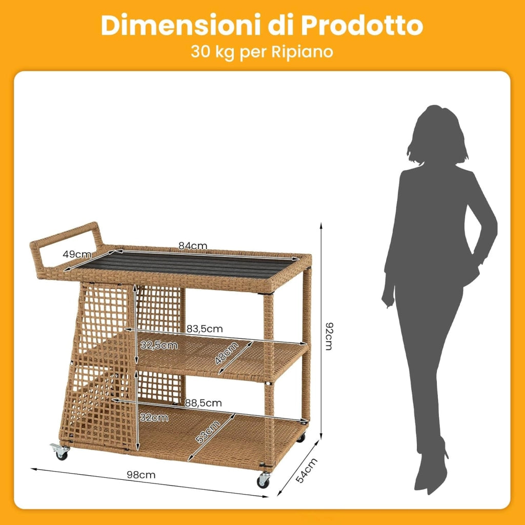 Carrello Bar da Esterno, Carrello Portavivande in Rattan con 4 Ruote, 3 Ripiani Aperto e Maniglia Laterale, Carrellino da Servizio per Cucina, Giardino e Bordo Piscina, 98 x 54 x 92 cm