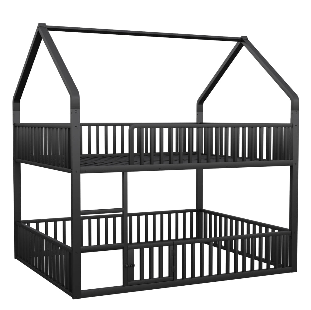 Letto a castello 140x200 cm a forma di casa con scaletta frontale in metallo nero