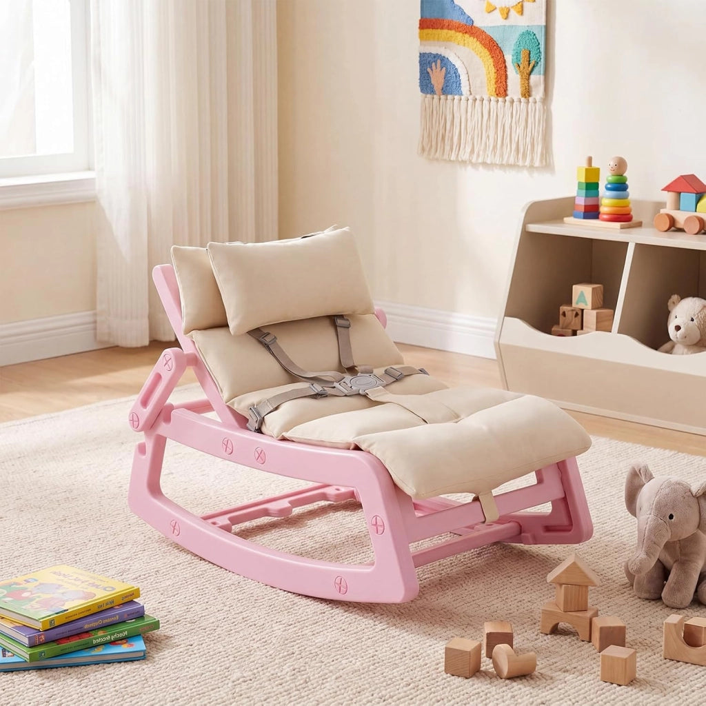 Sedia a Dondolo Bambini, Schienale Regolabile, con Cucino (Rosa) | Sdraietta a Dondolo, Poggiatesta Rimovibile e Cintura 5 Punti, Portata 80 kg, per Bambini 6+ Mesi