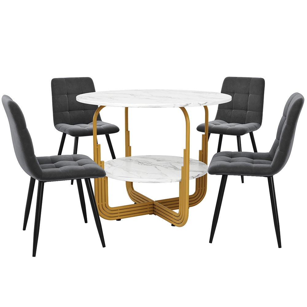 Set tavolo-Xylo-80cm rotondo 4 sedie grigio piedi dorati piano marmorizzato