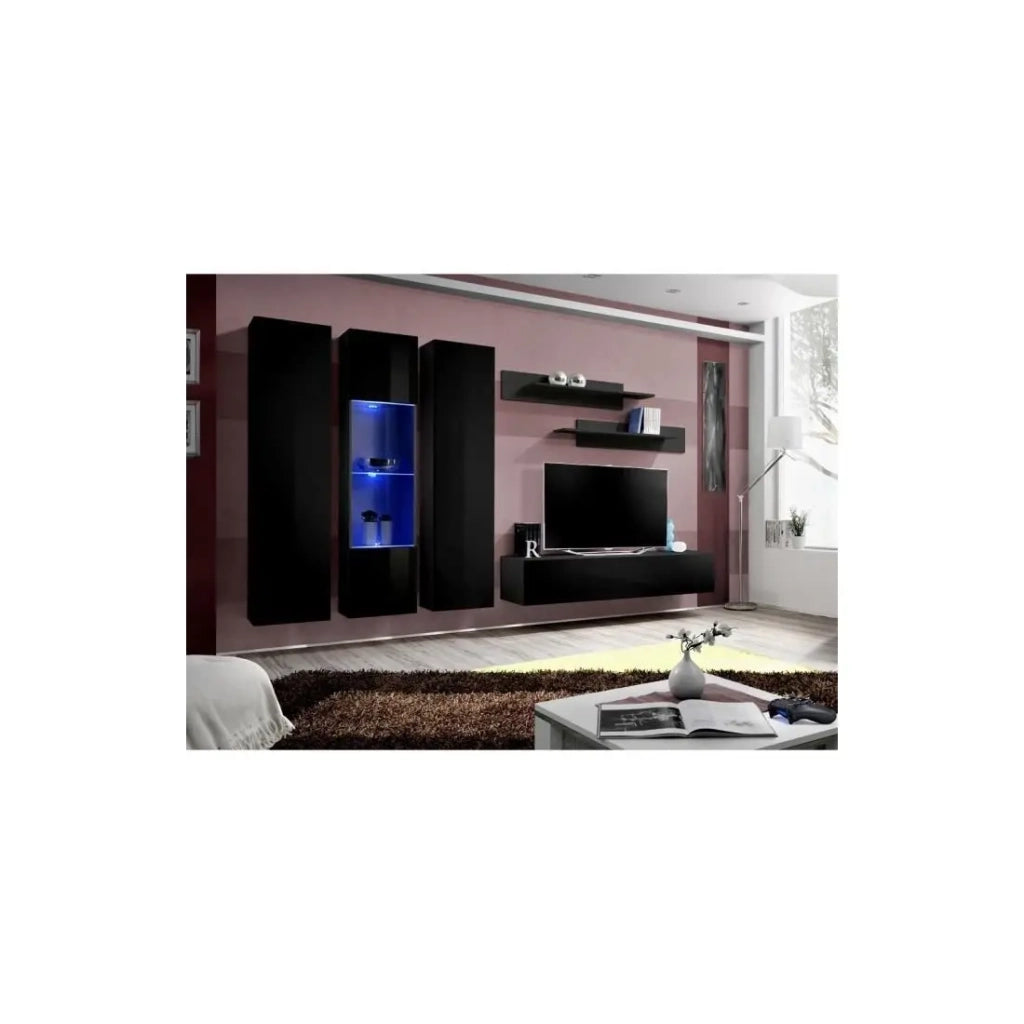 Mobile TV FLY C5 design, colore nero lucido. Mobile sospeso moderno e alla moda per il tuo soggiorno.