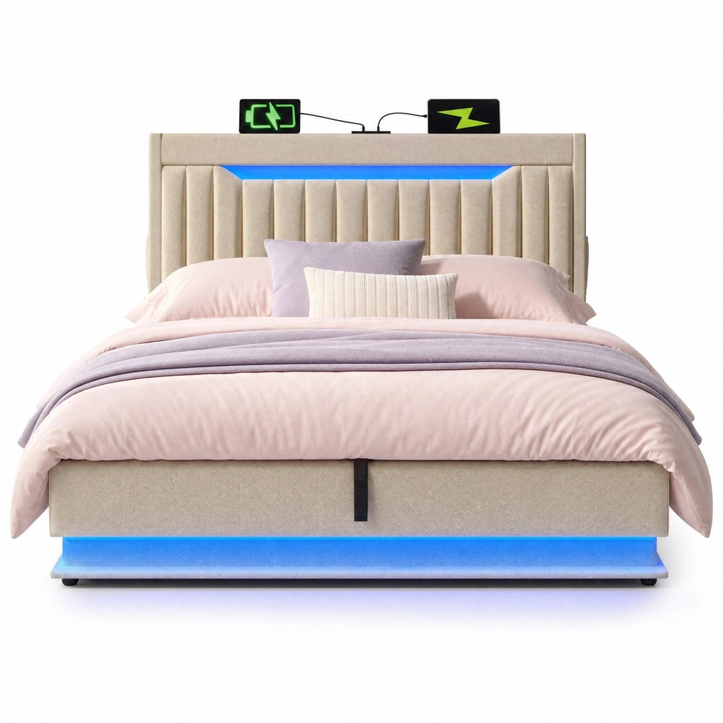 Letto matrimoniale 140x200 cm in lino beige con LED; ricarica USB e Type-C; contenitore idraulico