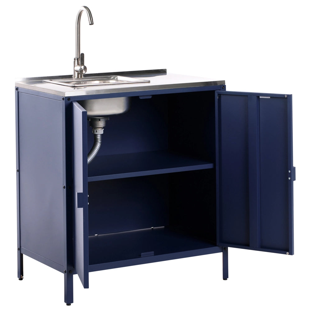 Set di 2 elementi per la cucina all'aperto in acciaio inox blu con portaoggetti e lavello cucina da esterno