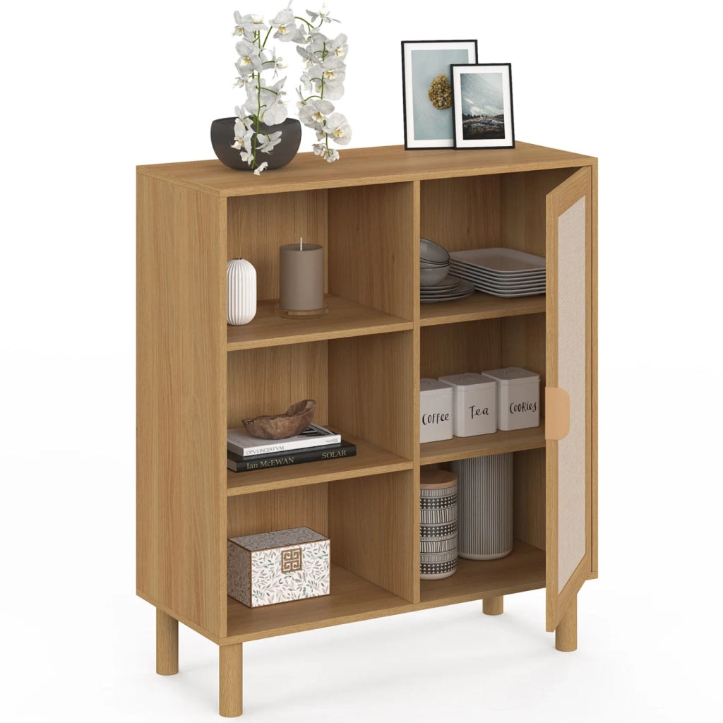 IDMarket - Credenza con 3 ripiani e armadietto 70 cm ROBIN in legno e tessuto effetto lino