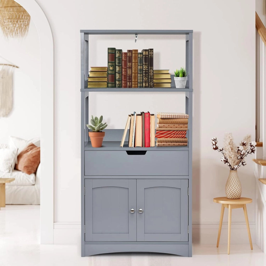 Armadietto del bagno con cassetto e mensola, armadio con 2 mensole aperte e 2 ante, armadietto per cucina, ingresso, salone e camera da letto, armadietto in legno (Grigio)