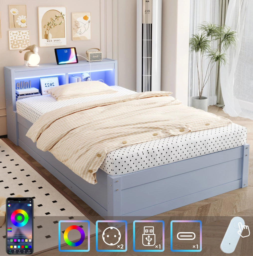 Letto singolo multifunzione 90x200 cm grigio con LED, presa e vano contenitore