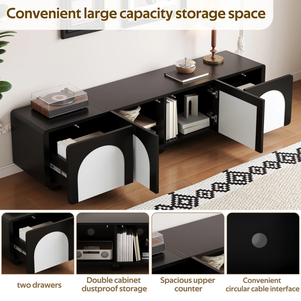 Mobile TV con 2 Cassetti e 2 Ante; Passacavi; Stile Moderno; 180??38??45 cm; in MDF; Nero e Bianco