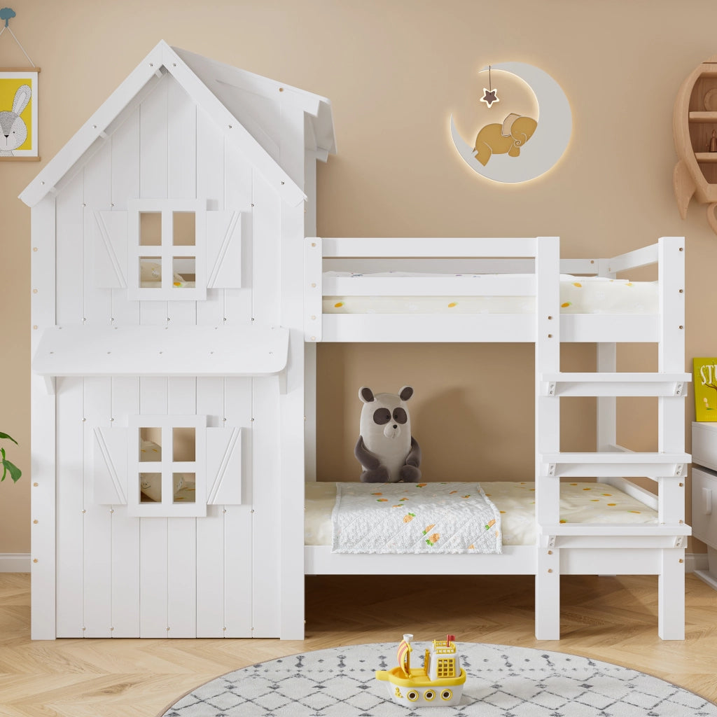 Letto a Castello 90 x 200 cm; Letto per Bambini - con Tetto e Finestre - Bianco